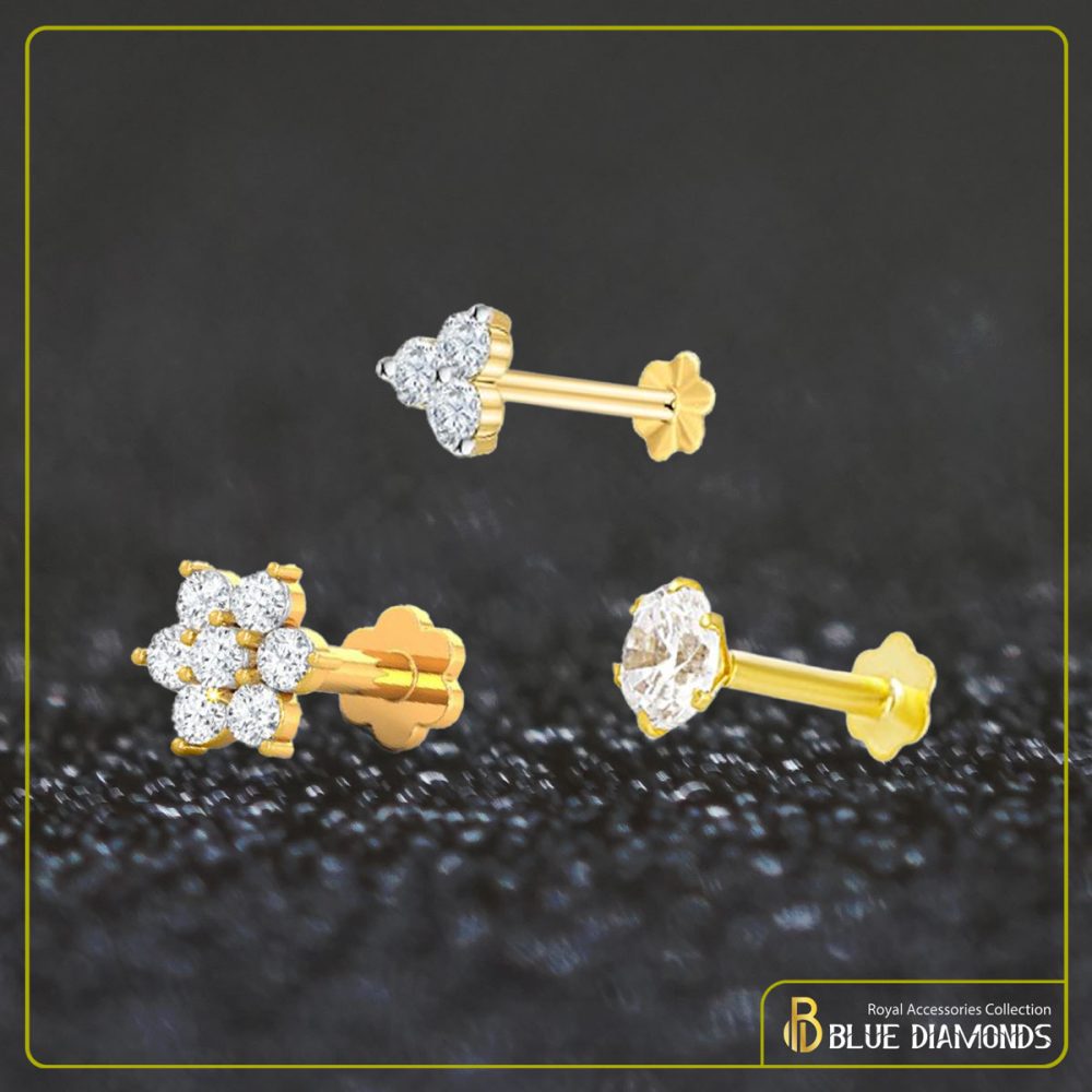 1,3,7 Stone Diamond Cut 18K Traditional Gold Nosepin Bundle (White)