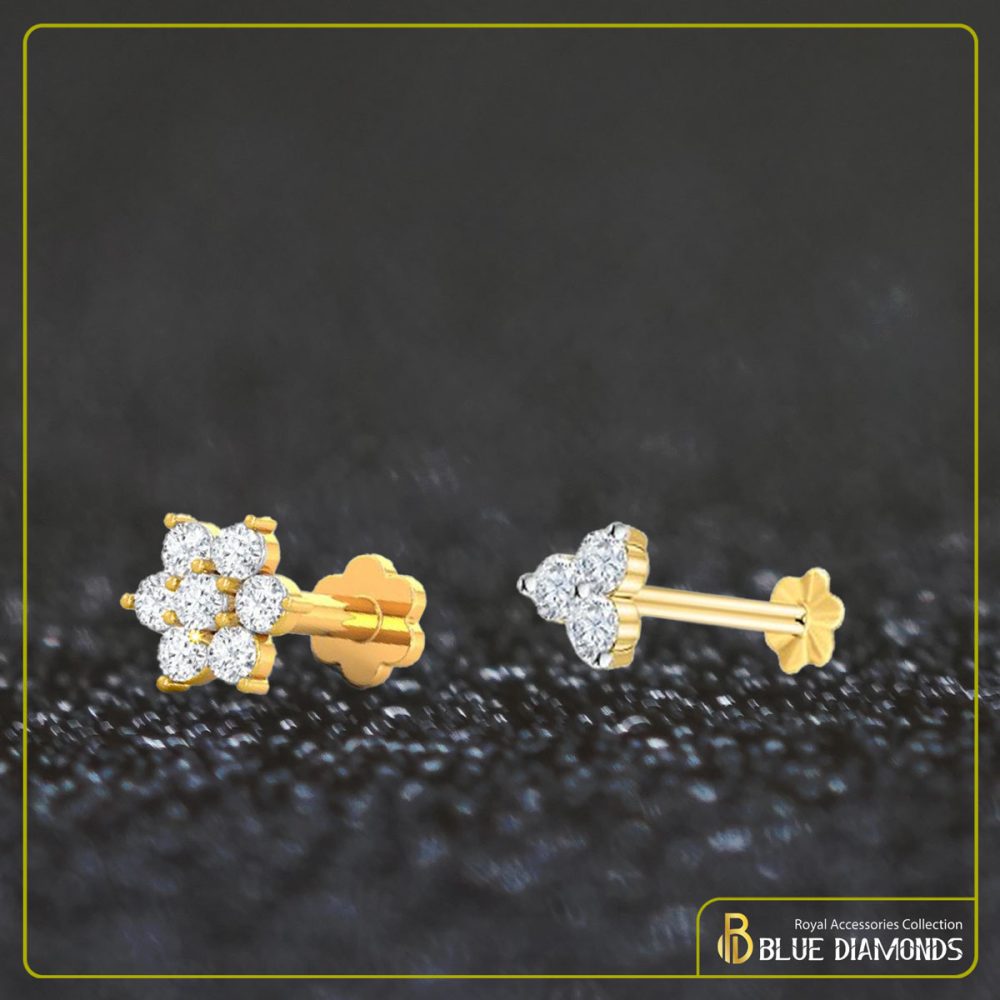 3&7 Stone Diamond Cut 18K Traditional Gold Nosepin Bundle (White)