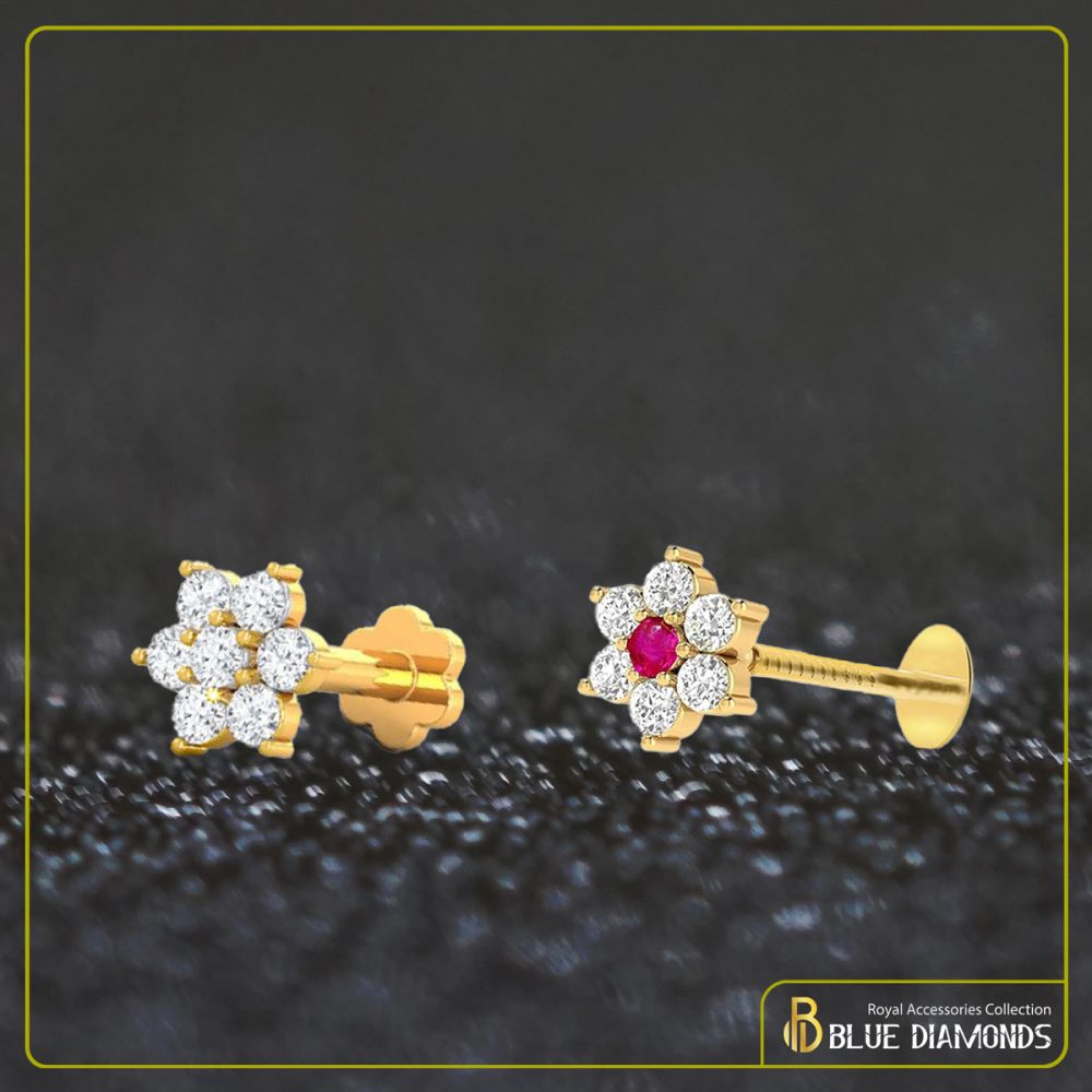 7 Stone Diamond Cut 18K Traditional Gold Nosepin Bundle (White + Middle Pink)